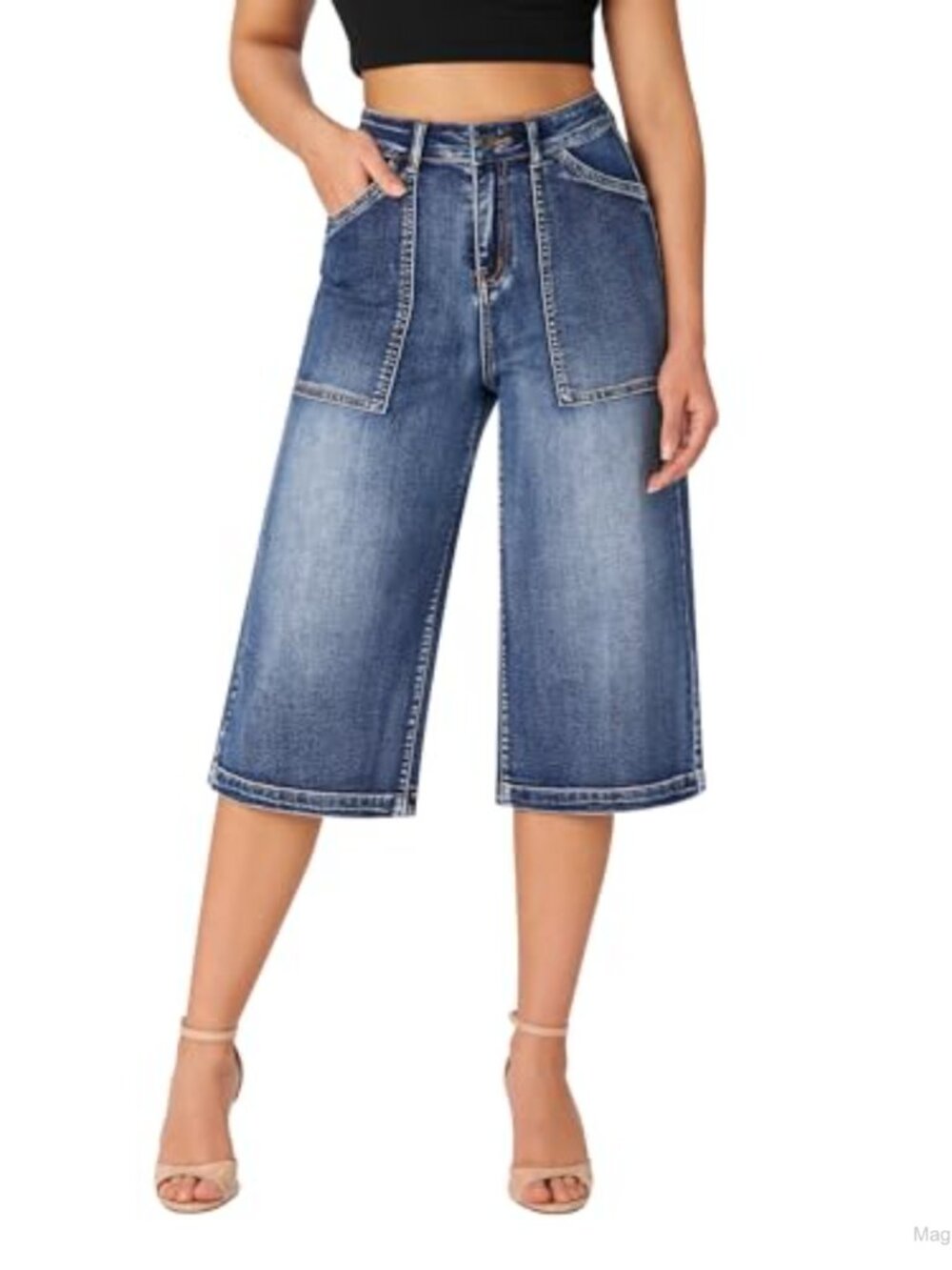 Women's Wide Leg Capri Stretch High Waist Denim Jeans